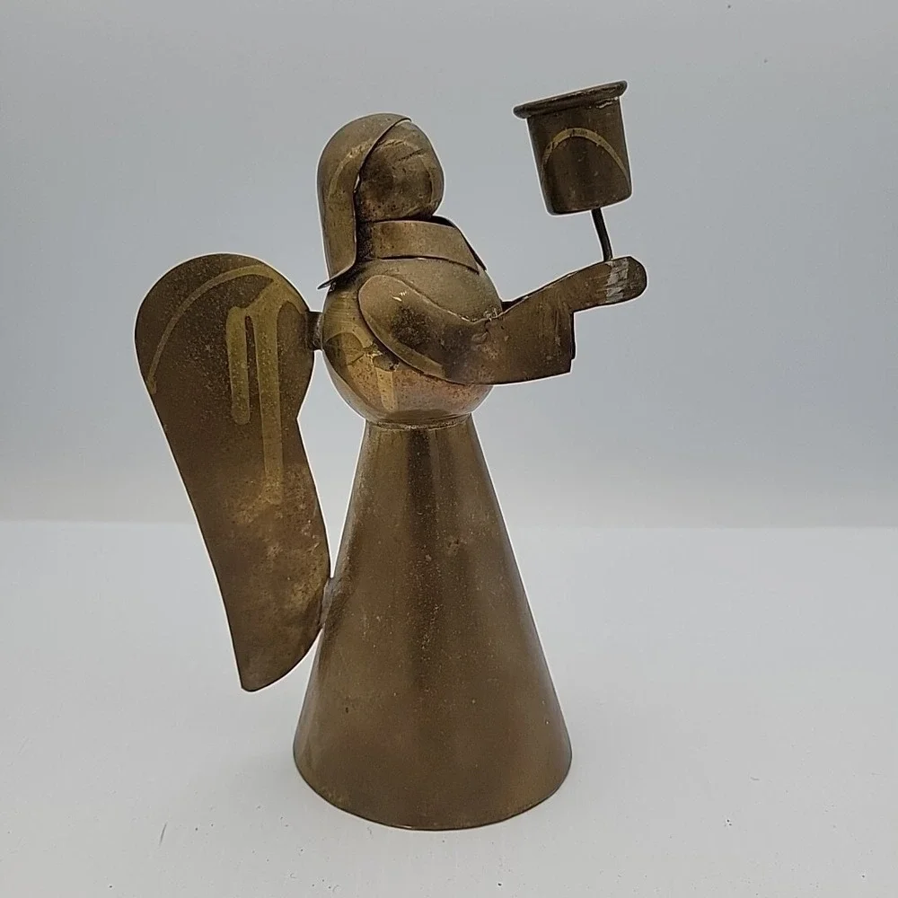 Vintage Hand Made Mexican Brass Copper Folk Art Angel Candle Holder